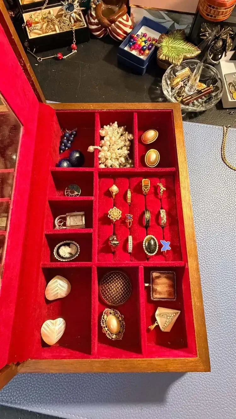 Vintage Wooden Jewelry Box with Mirror and Assorted Costume Jewelry